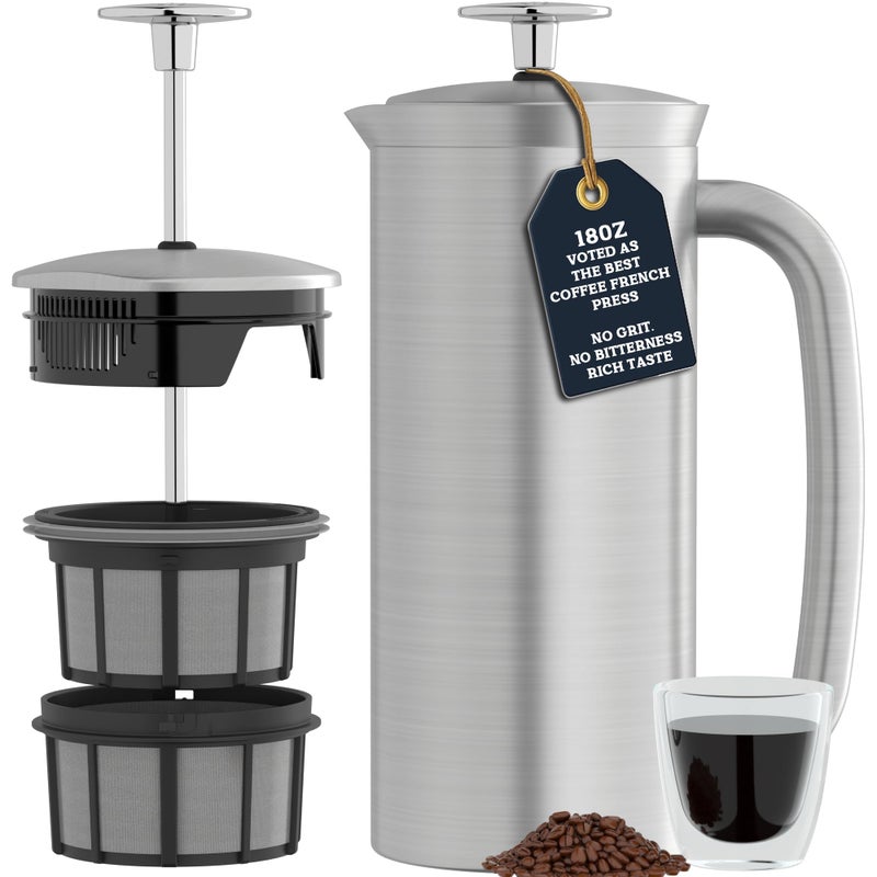ESPRO P7 Brushed Stainless Steel French Press 304 â€“ Patented Double Walled Micro-Filter Insulated French Press Coffee Maker, Grit-Free Brew - Heat Resistant BPA Free (18oz) - Image 1